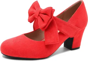 fereshte Womens Bowknot Heels Bow Mary Jane Shoes Closed Toe Chunky Low Block Heel Dress Pumps