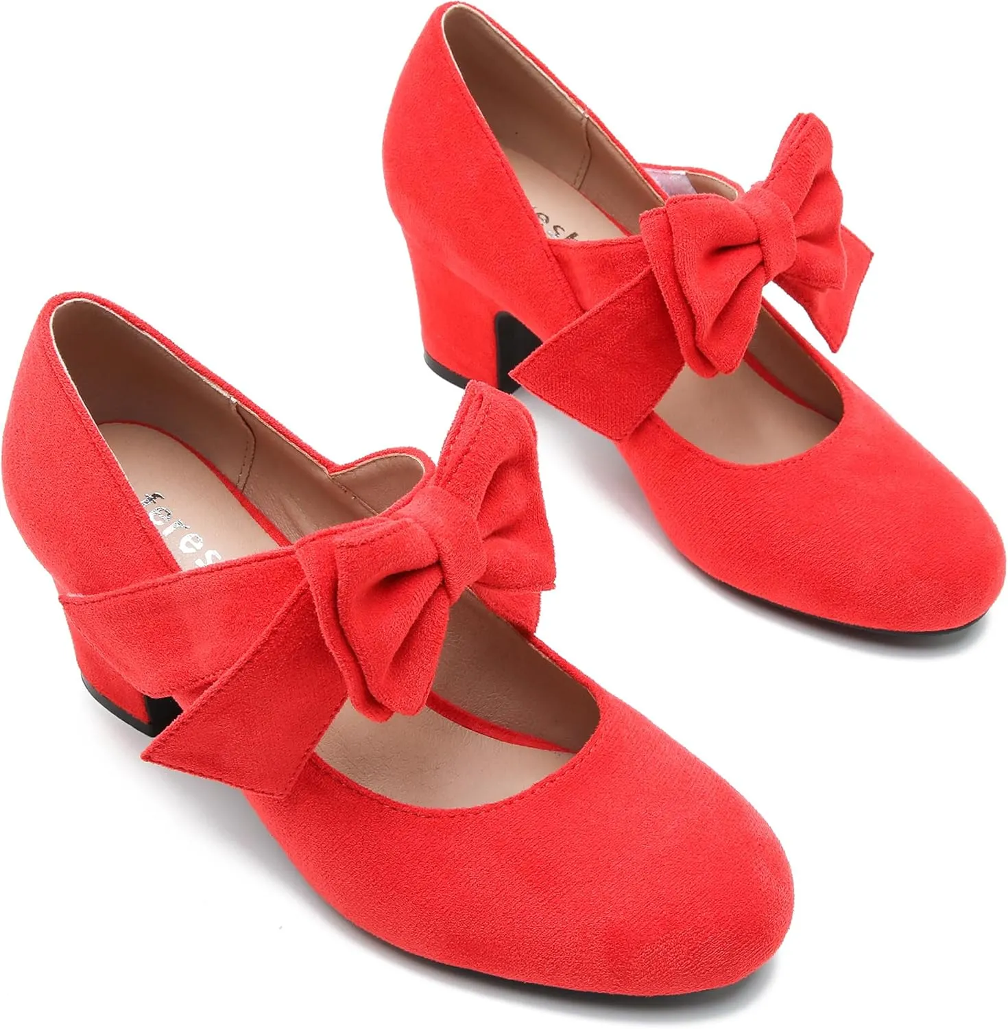 fereshte Womens Bowknot Heels Bow Mary Jane Shoes Closed Toe Chunky Low Block Heel Dress Pumps