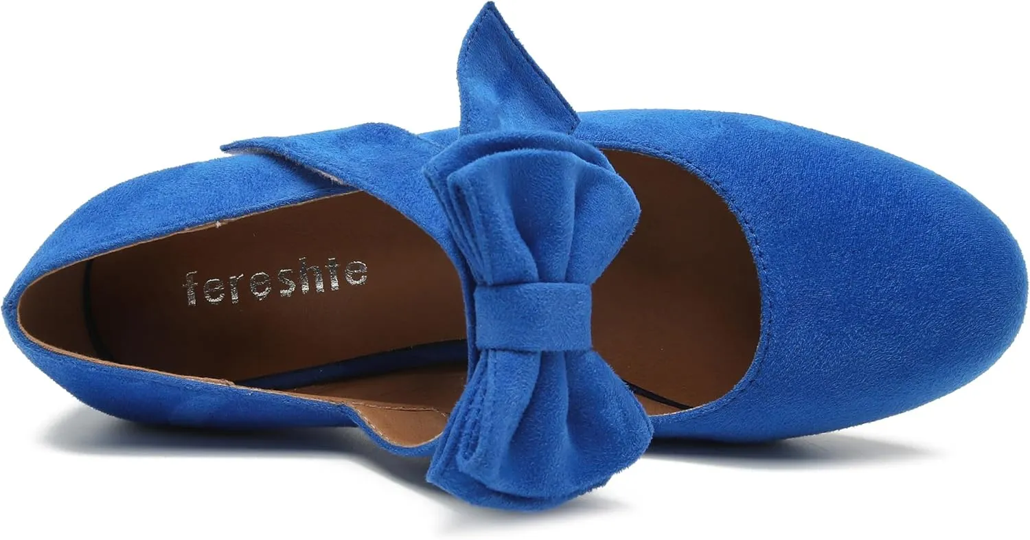 fereshte Womens Bowknot Heels Bow Mary Jane Shoes Closed Toe Chunky Low Block Heel Dress Pumps