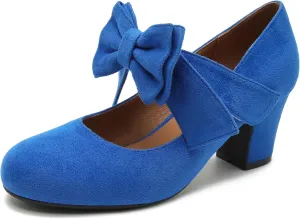 fereshte Womens Bowknot Heels Bow Mary Jane Shoes Closed Toe Chunky Low Block Heel Dress Pumps