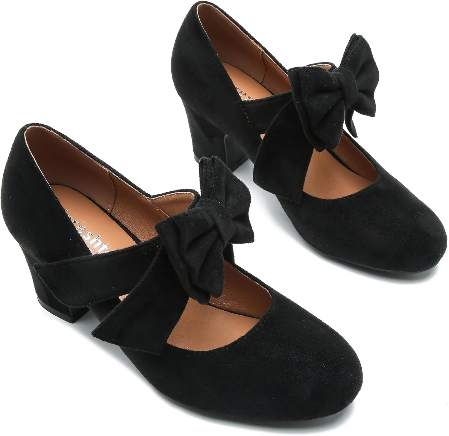 fereshte Womens Bowknot Heels Bow Mary Jane Shoes Closed Toe Chunky Low Block Heel Dress Pumps