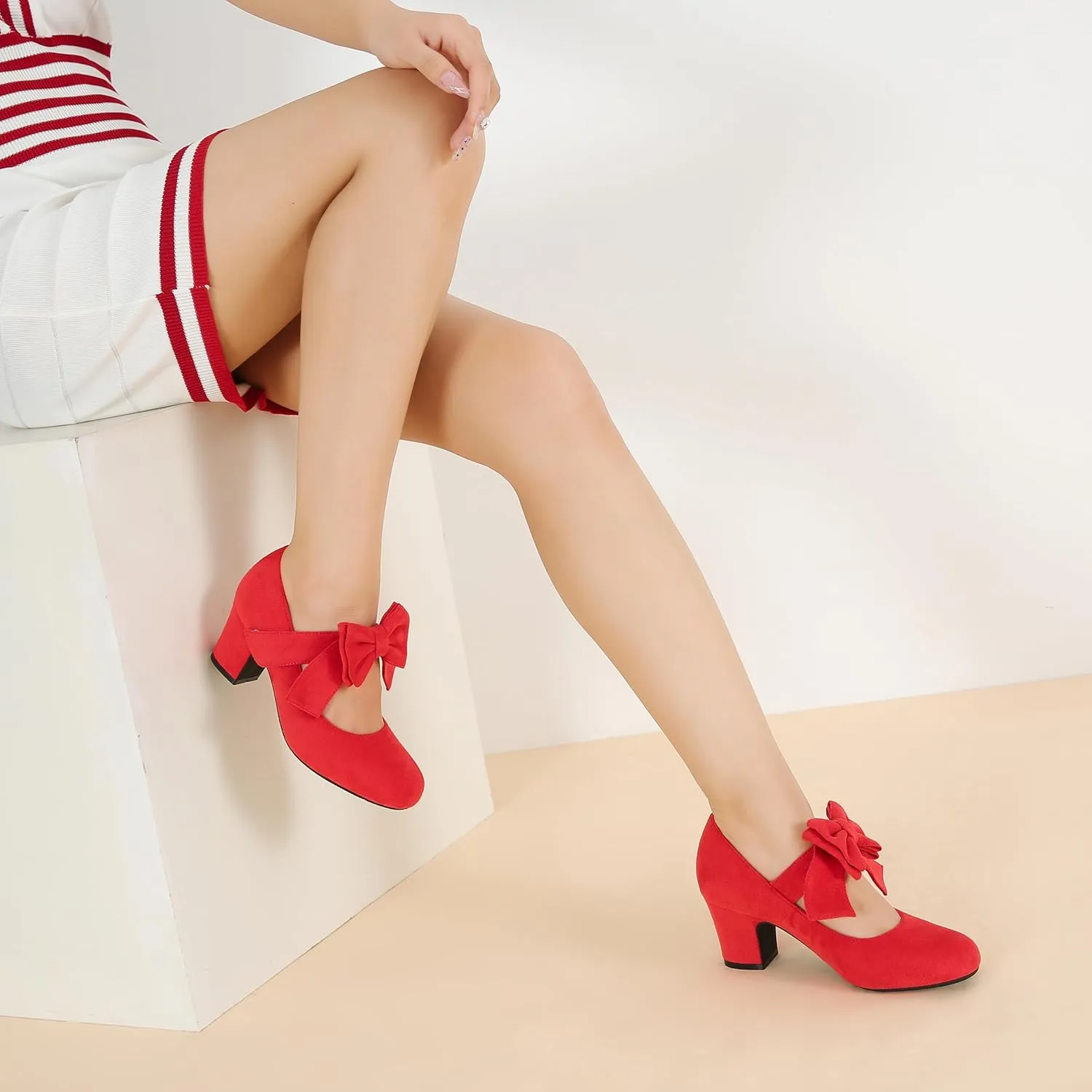 fereshte Womens Bowknot Heels Bow Mary Jane Shoes Closed Toe Chunky Low Block Heel Dress Pumps