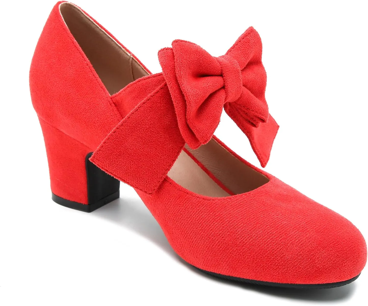 fereshte Womens Bowknot Heels Bow Mary Jane Shoes Closed Toe Chunky Low Block Heel Dress Pumps