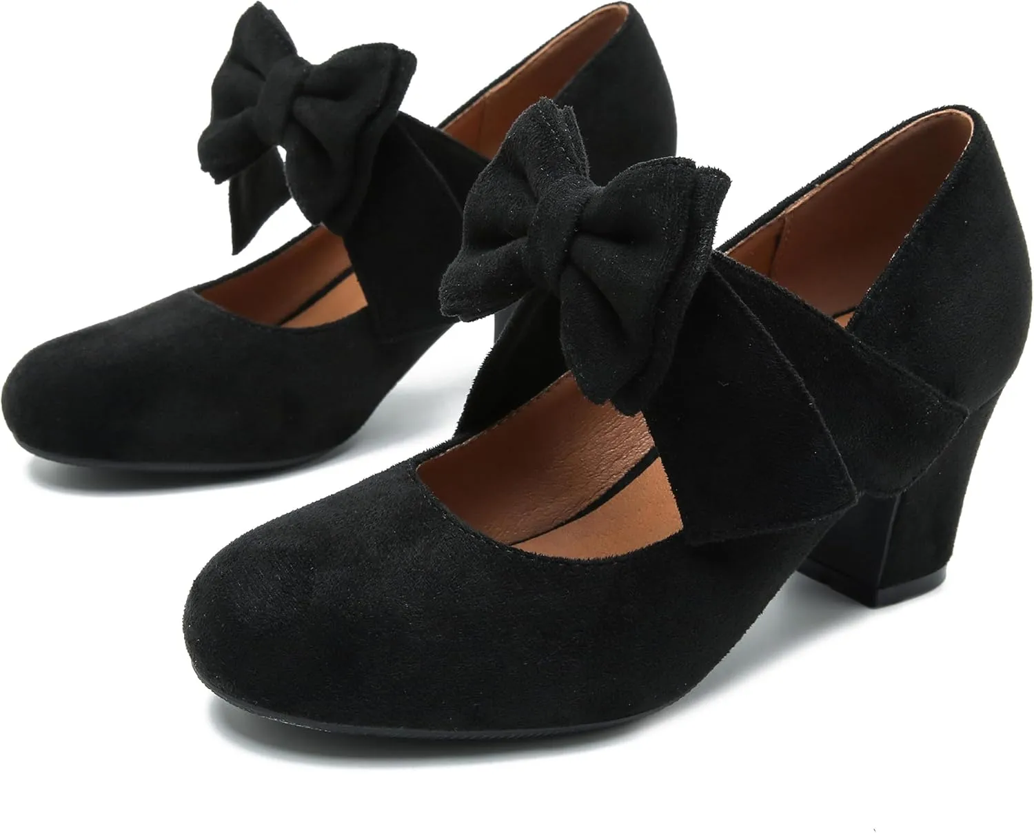 fereshte Womens Bowknot Heels Bow Mary Jane Shoes Closed Toe Chunky Low Block Heel Dress Pumps