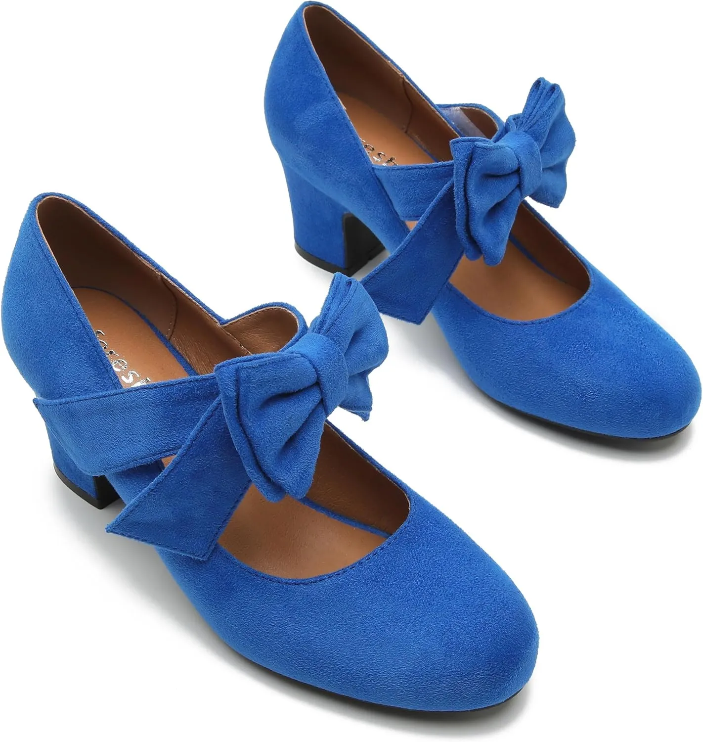 fereshte Womens Bowknot Heels Bow Mary Jane Shoes Closed Toe Chunky Low Block Heel Dress Pumps