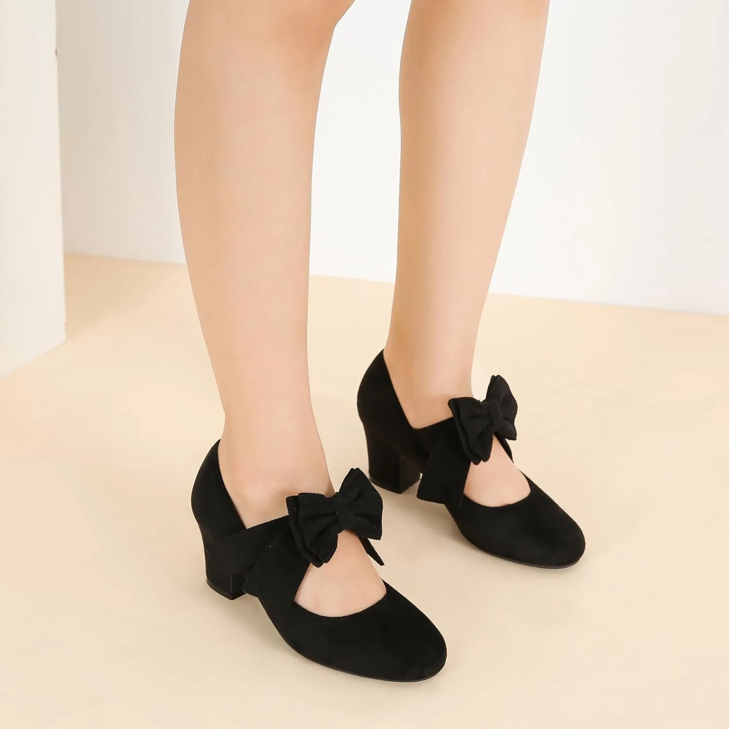 fereshte Womens Bowknot Heels Bow Mary Jane Shoes Closed Toe Chunky Low Block Heel Dress Pumps