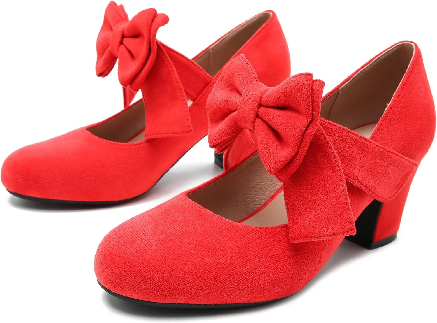 fereshte Womens Bowknot Heels Bow Mary Jane Shoes Closed Toe Chunky Low Block Heel Dress Pumps