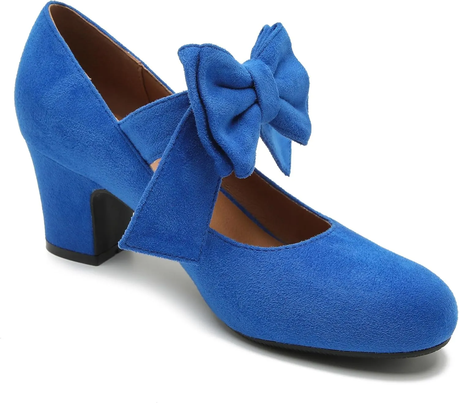 fereshte Womens Bowknot Heels Bow Mary Jane Shoes Closed Toe Chunky Low Block Heel Dress Pumps
