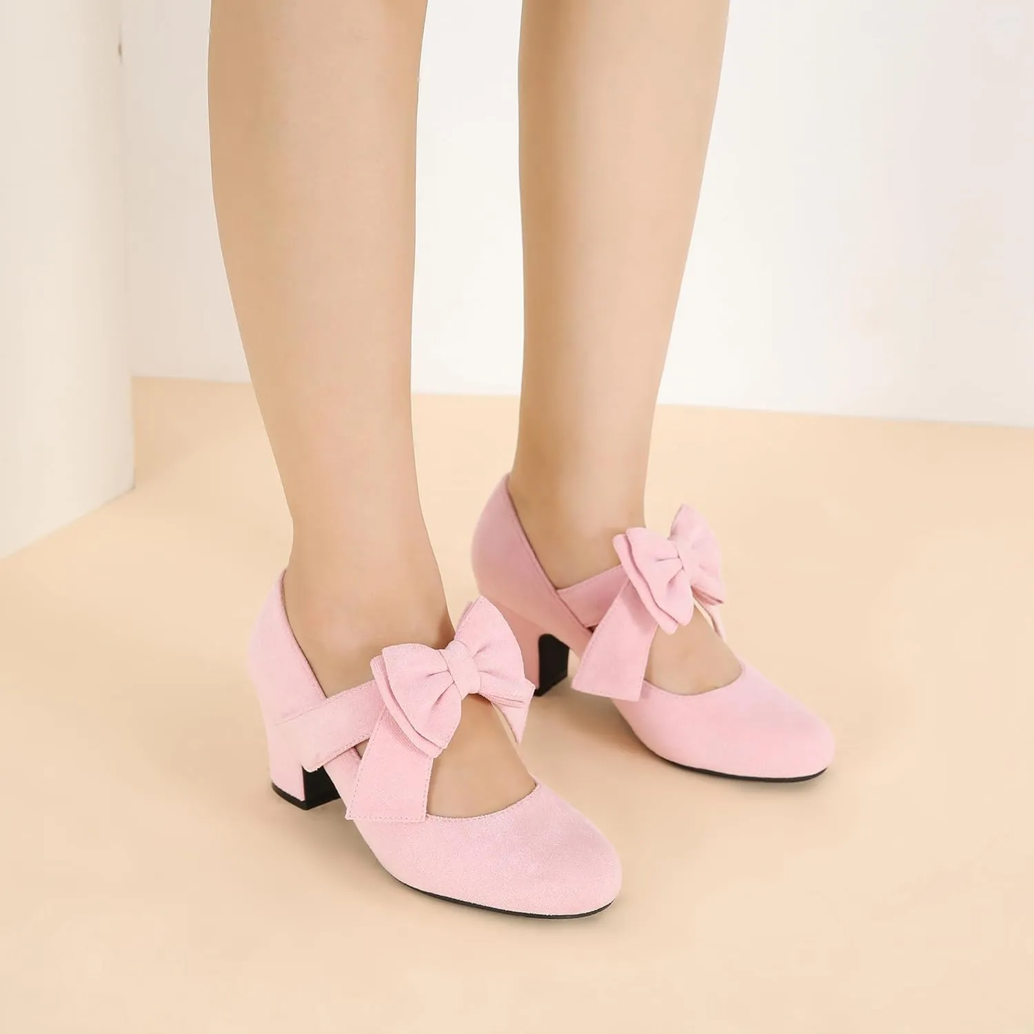 fereshte Womens Bowknot Heels Bow Mary Jane Shoes Closed Toe Chunky Low Block Heel Dress Pumps
