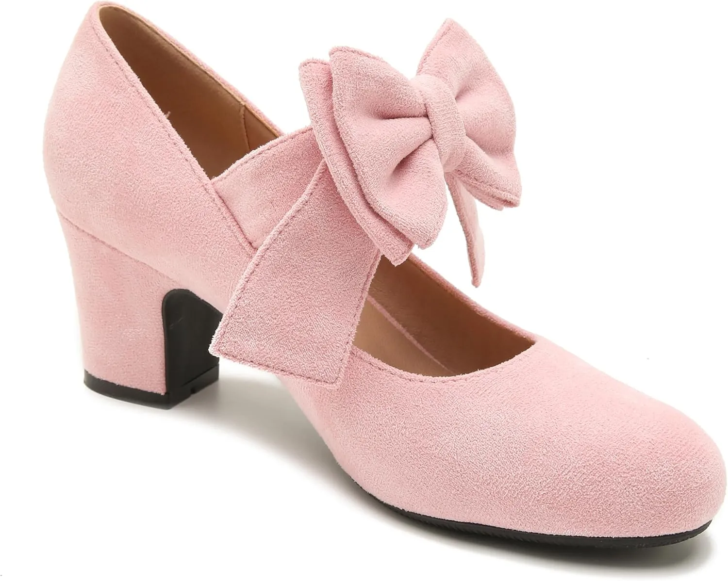 fereshte Womens Bowknot Heels Bow Mary Jane Shoes Closed Toe Chunky Low Block Heel Dress Pumps