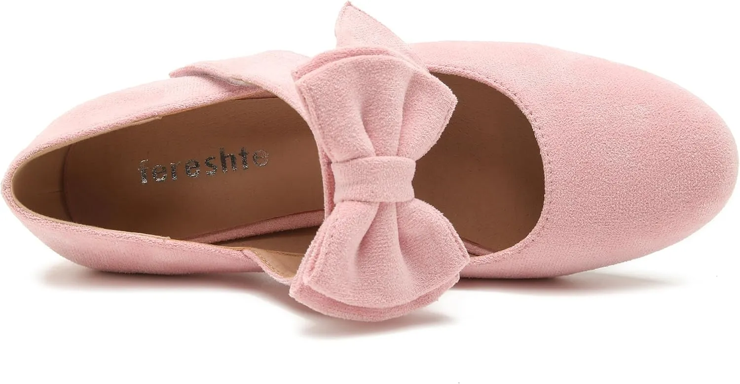 fereshte Womens Bowknot Heels Bow Mary Jane Shoes Closed Toe Chunky Low Block Heel Dress Pumps