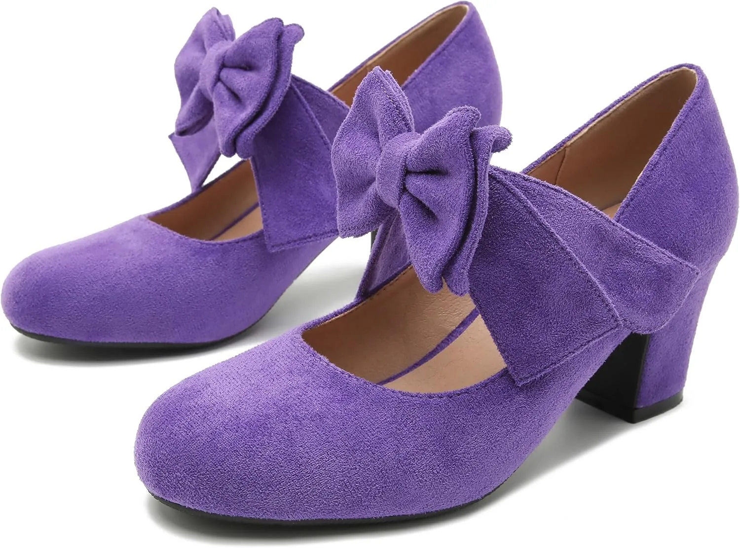 fereshte Womens Bowknot Heels Bow Mary Jane Shoes Closed Toe Chunky Low Block Heel Dress Pumps