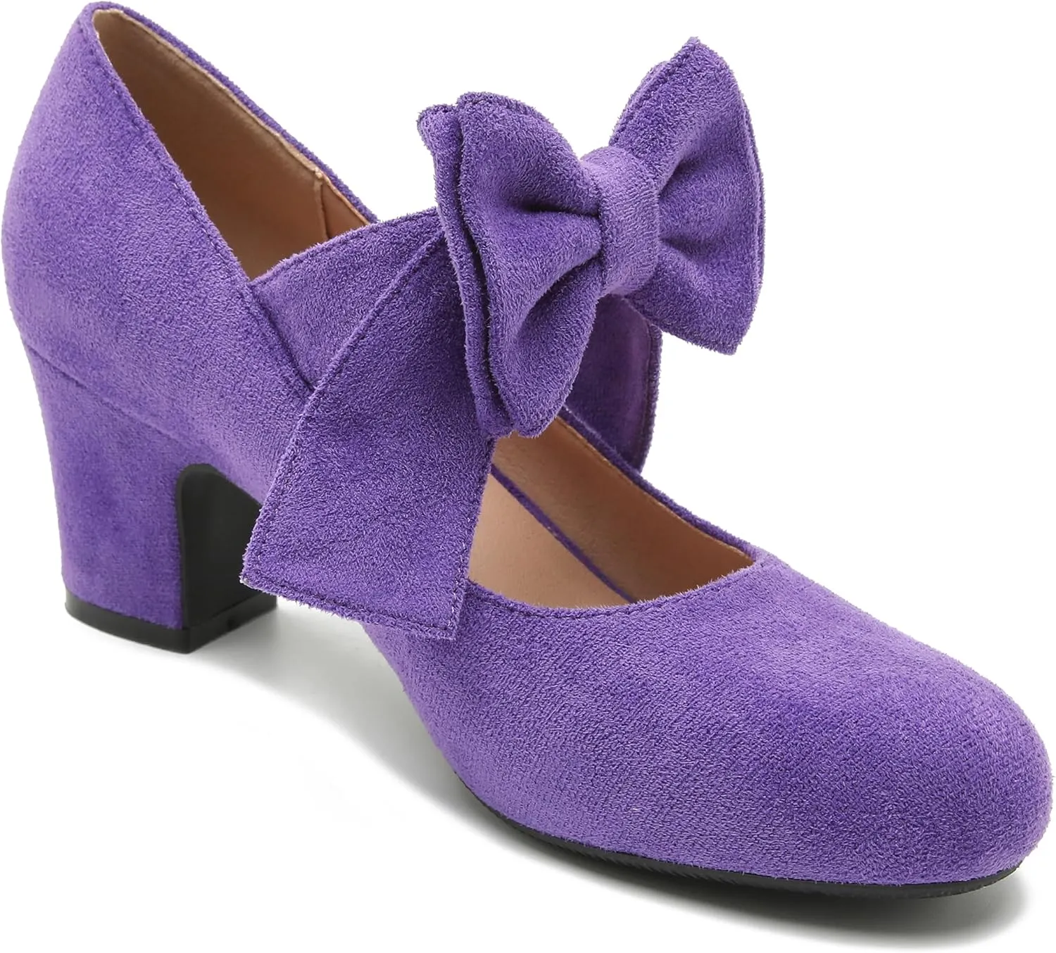 fereshte Womens Bowknot Heels Bow Mary Jane Shoes Closed Toe Chunky Low Block Heel Dress Pumps