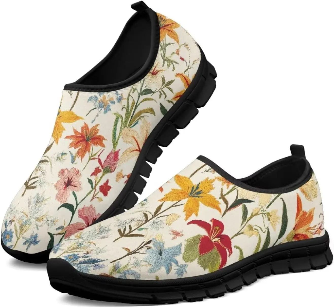 Floral Print Sneakers for Women Casual Low-Top Soft Anti-Skid Sneakers Slip On Lightweight Holiday Travel Shoes for Teen Girls US 5.5-11.5
