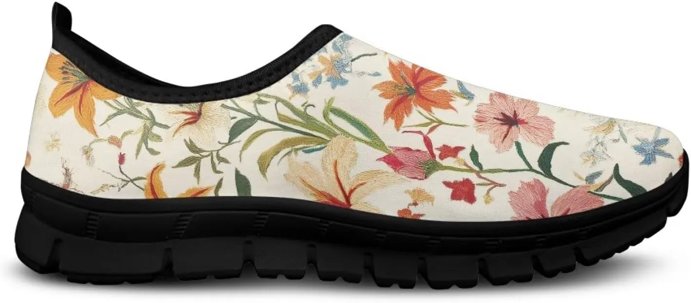 Floral Print Sneakers for Women Casual Low-Top Soft Anti-Skid Sneakers Slip On Lightweight Holiday Travel Shoes for Teen Girls US 5.5-11.5