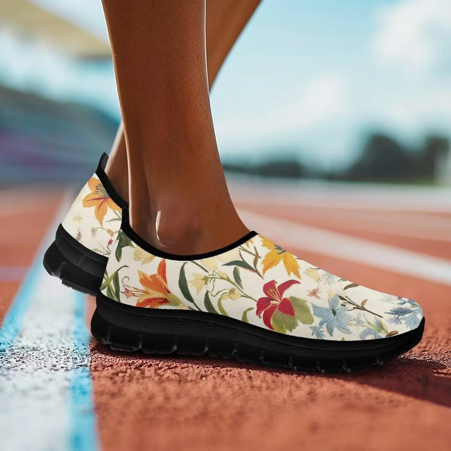 Floral Print Sneakers for Women Casual Low-Top Soft Anti-Skid Sneakers Slip On Lightweight Holiday Travel Shoes for Teen Girls US 5.5-11.5