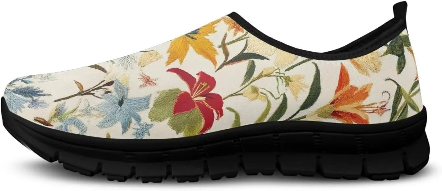 Floral Print Sneakers for Women Casual Low-Top Soft Anti-Skid Sneakers Slip On Lightweight Holiday Travel Shoes for Teen Girls US 5.5-11.5