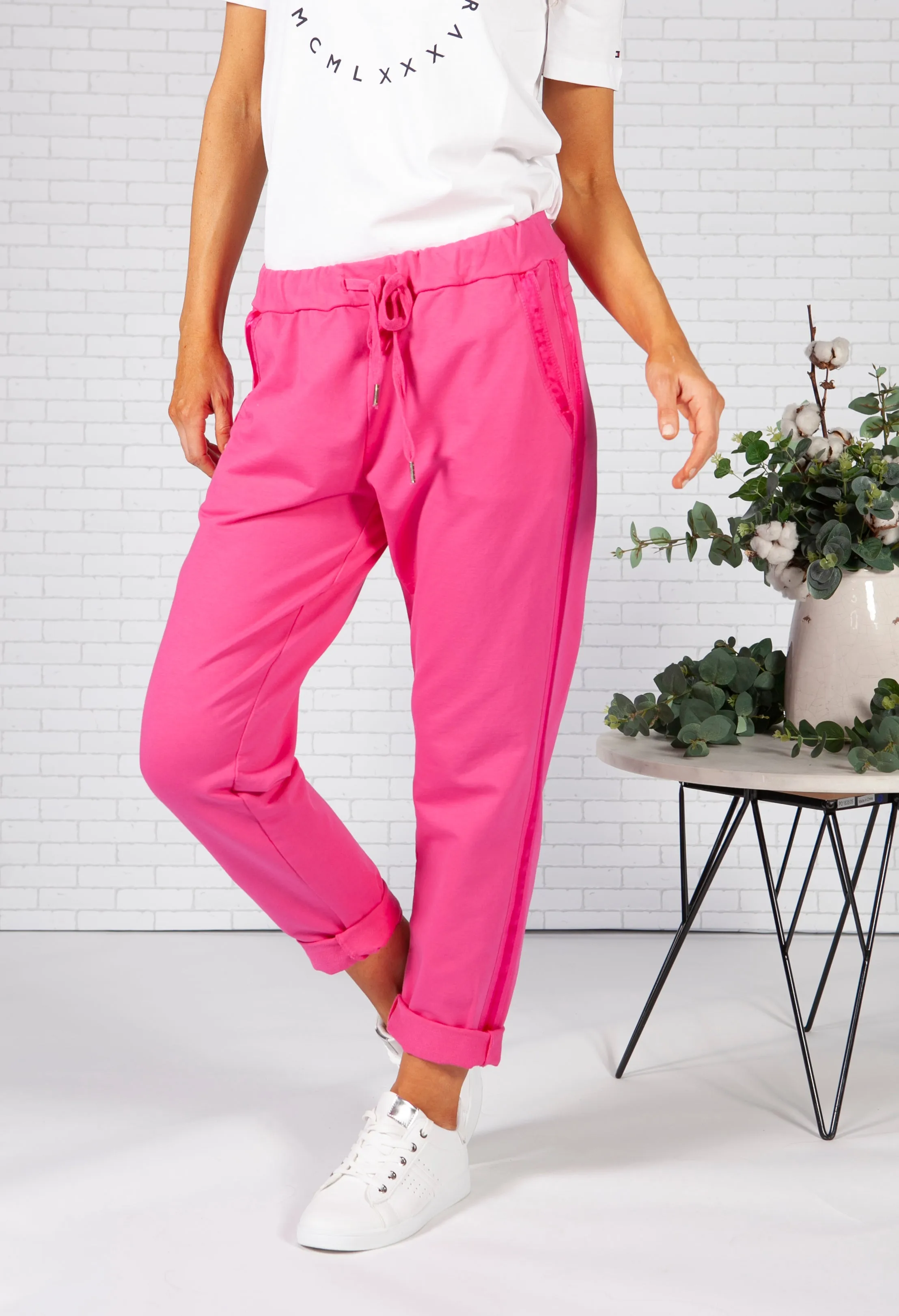 Fuchsia Joggers with Satin Detail Side Stripe