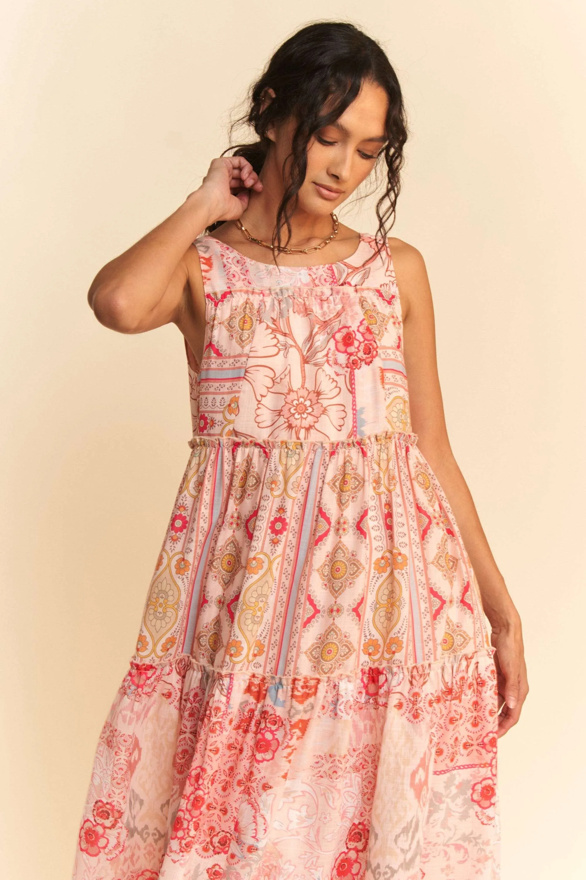 Geo Floral Mix Sleeveless Tiered Maxi Dress - Coral Multi