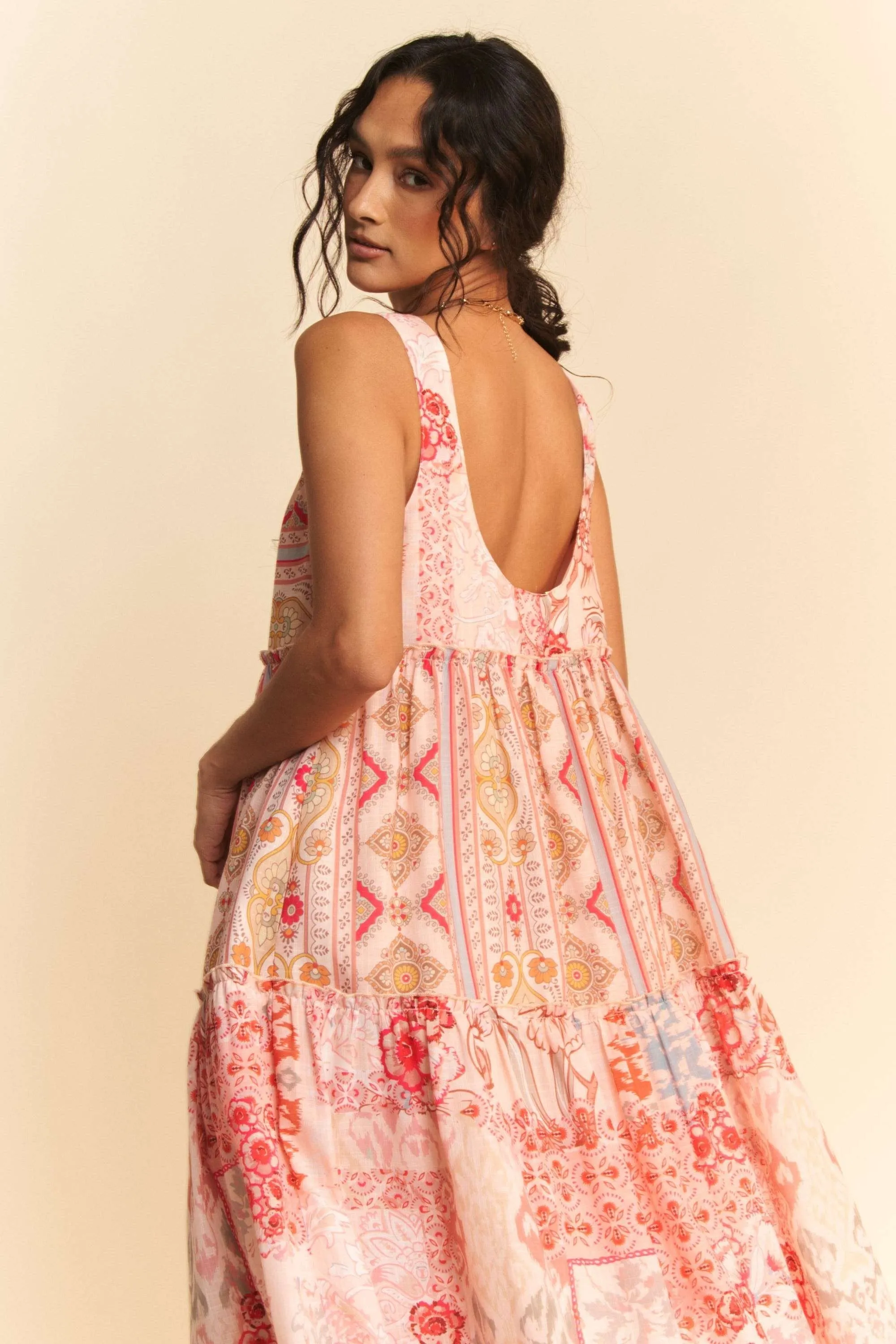 Geo Floral Mix Sleeveless Tiered Maxi Dress - Coral Multi