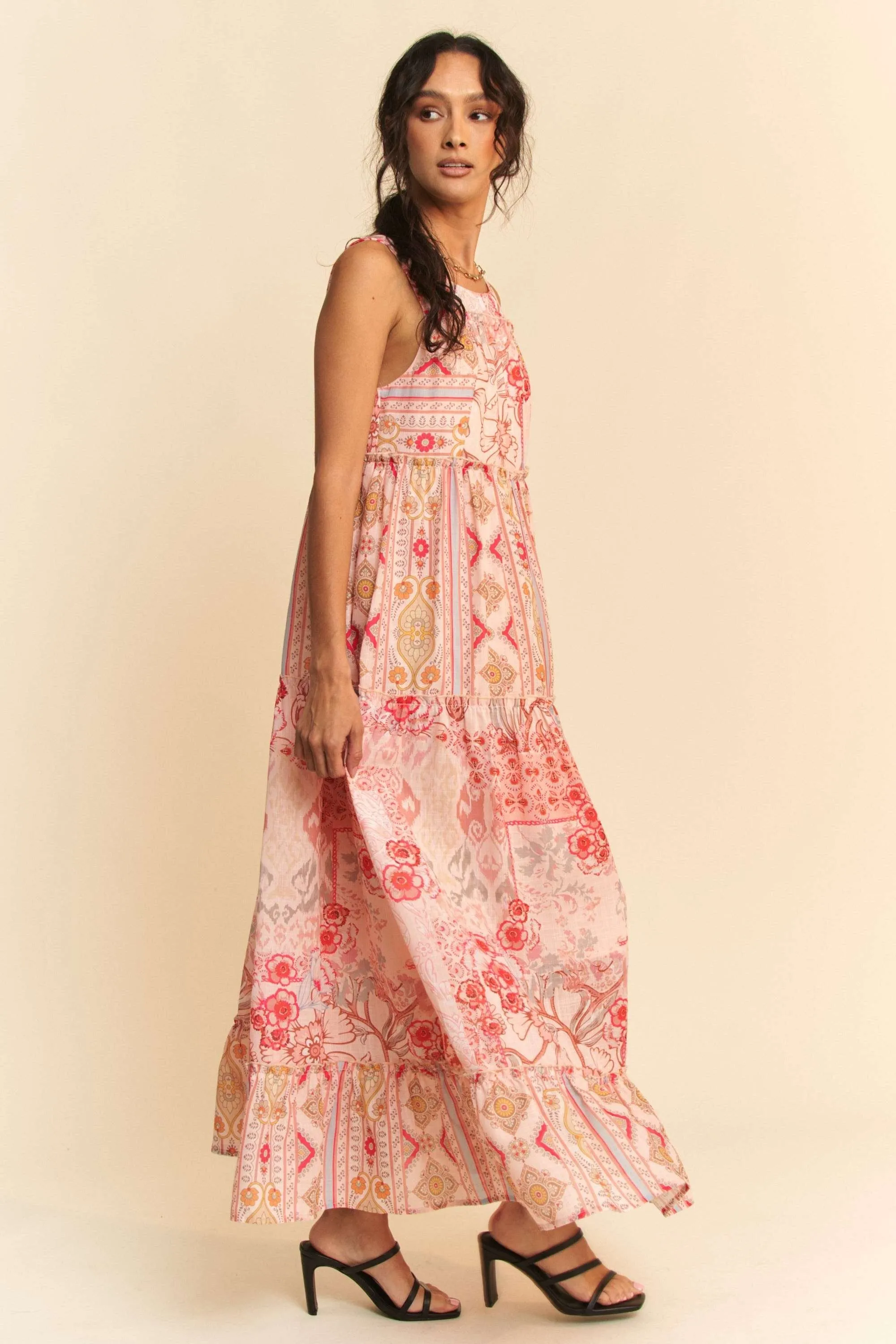 Geo Floral Mix Sleeveless Tiered Maxi Dress - Coral Multi