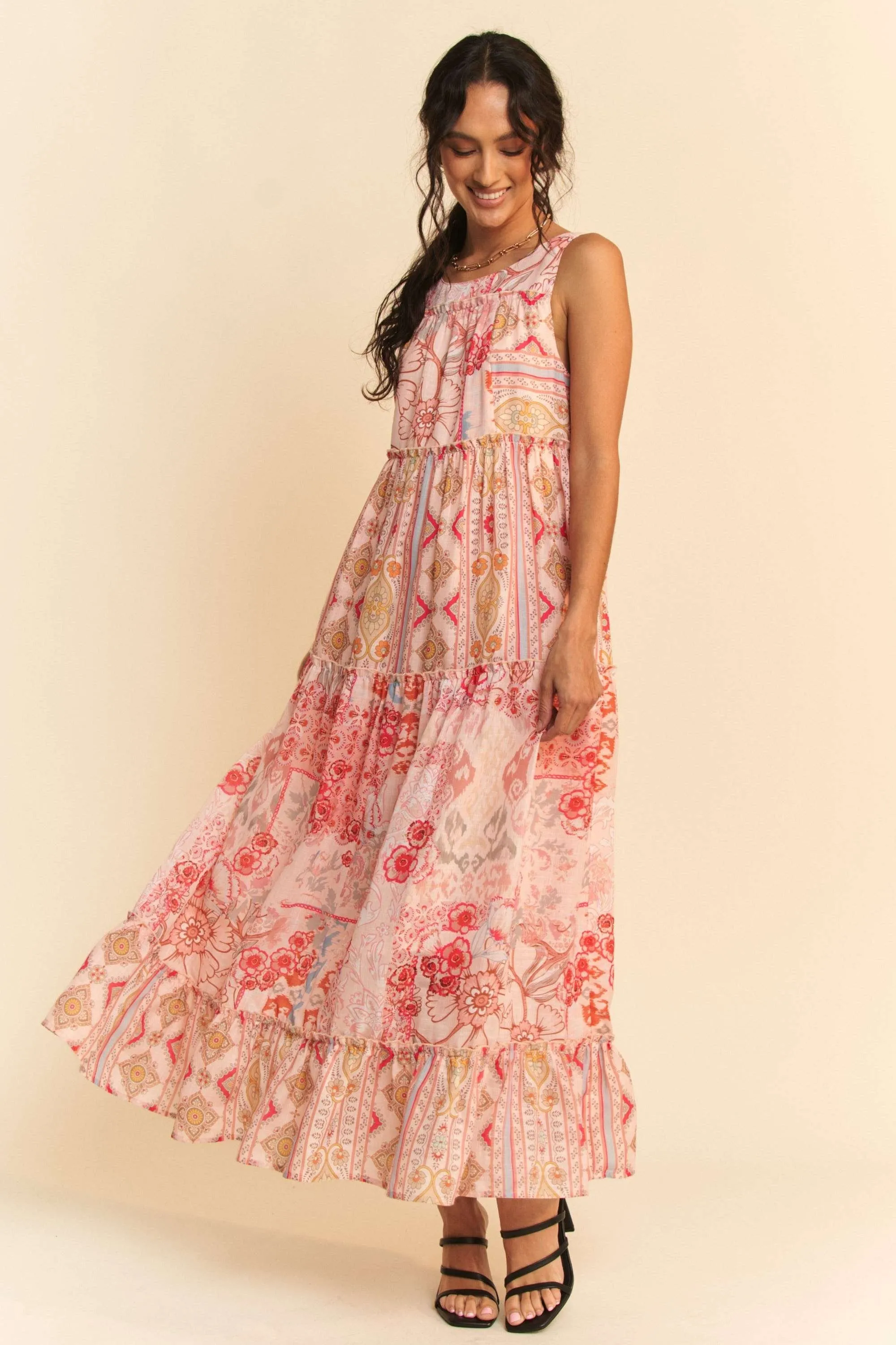 Geo Floral Mix Sleeveless Tiered Maxi Dress - Coral Multi