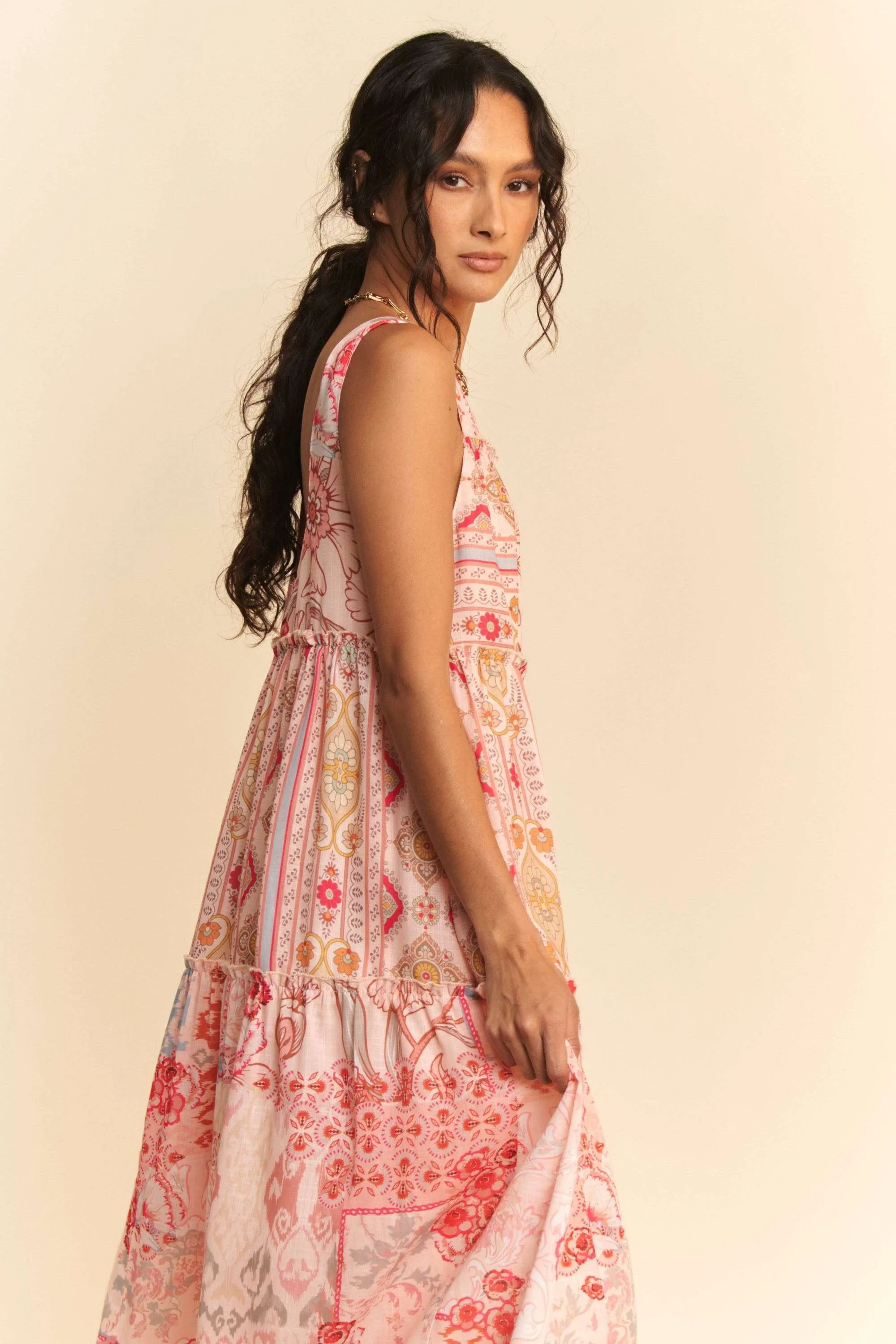 Geo Floral Mix Sleeveless Tiered Maxi Dress - Coral Multi
