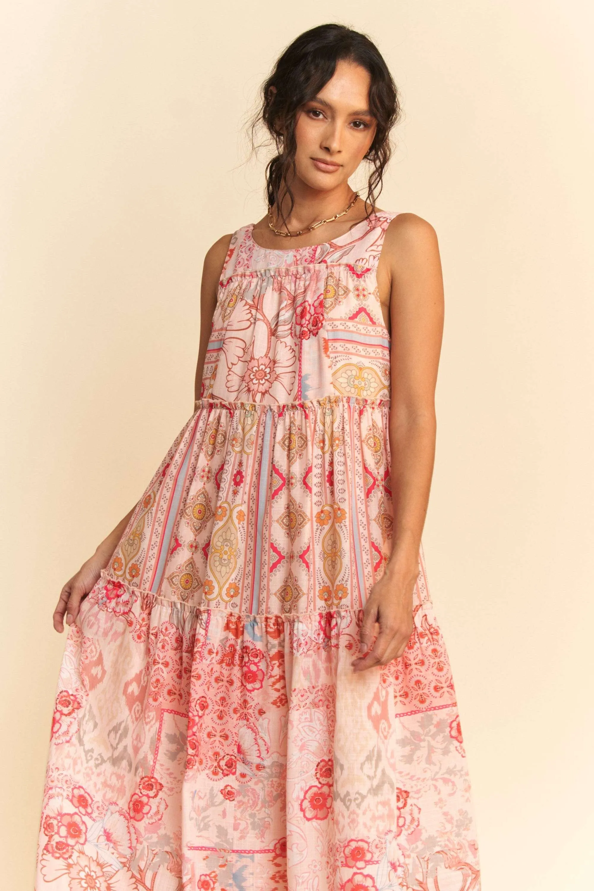 Geo Floral Mix Sleeveless Tiered Maxi Dress - Coral Multi
