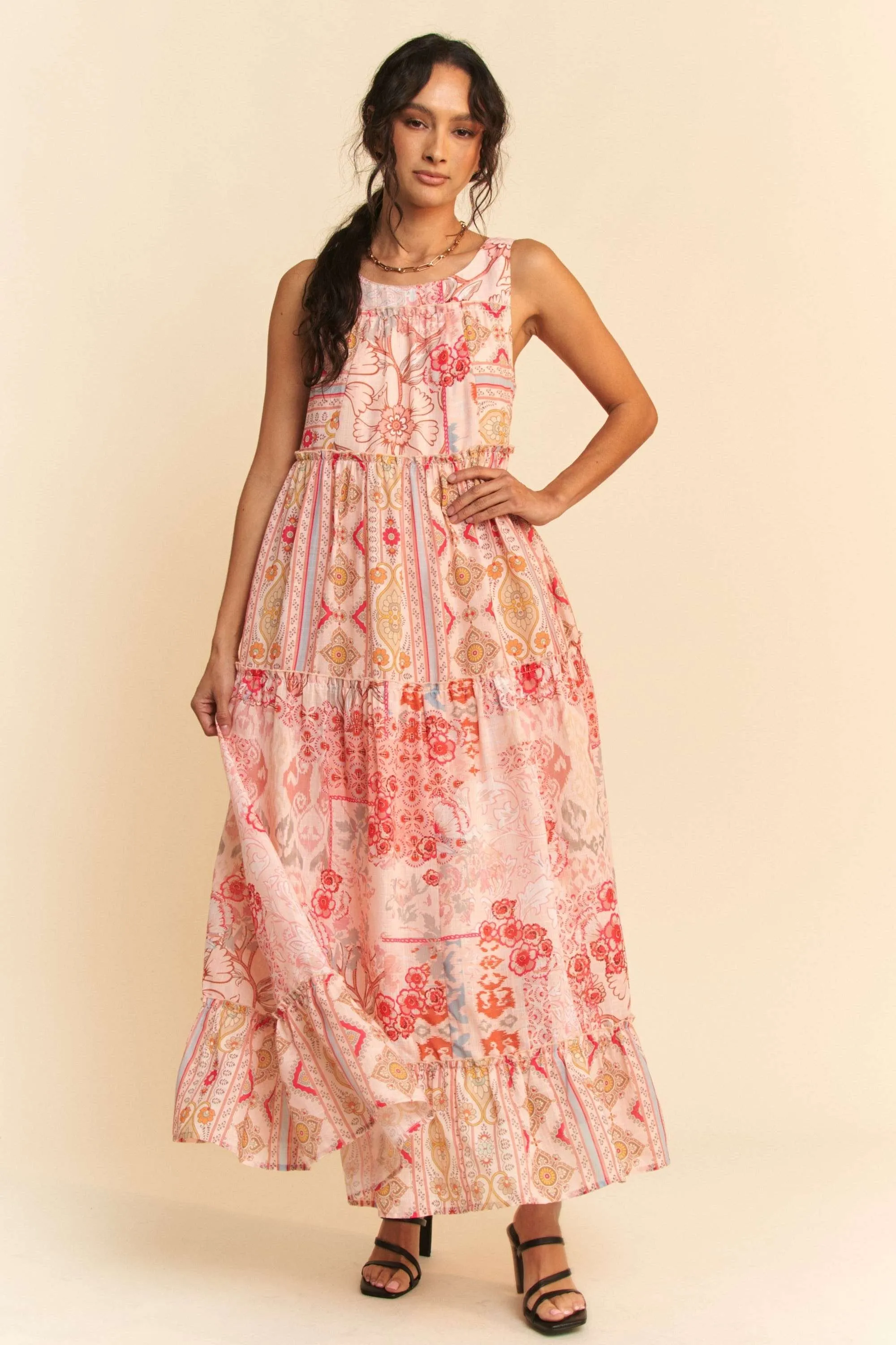 Geo Floral Mix Sleeveless Tiered Maxi Dress - Coral Multi