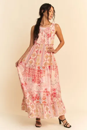 Geo Floral Mix Sleeveless Tiered Maxi Dress - Coral Multi