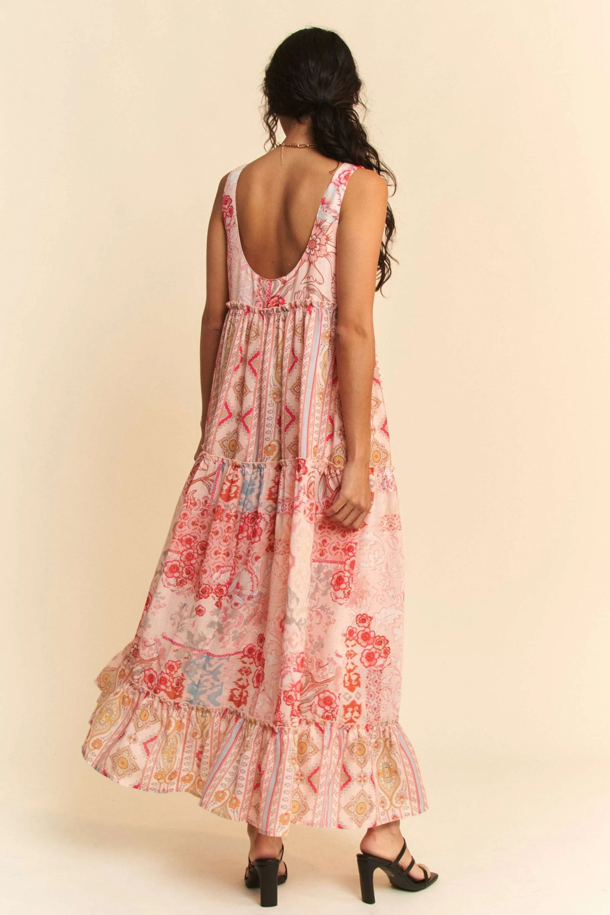 Geo Floral Mix Sleeveless Tiered Maxi Dress - Coral Multi