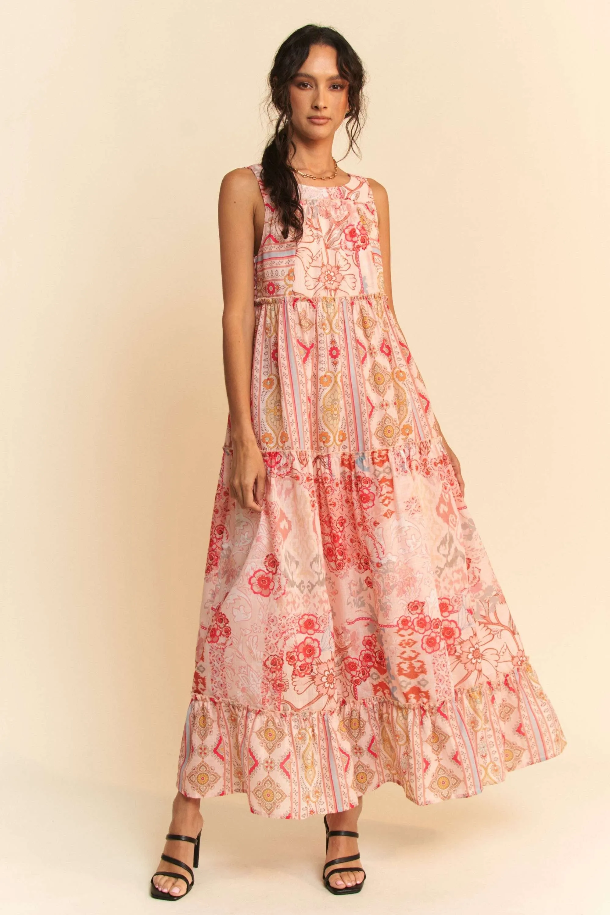 Geo Floral Mix Sleeveless Tiered Maxi Dress - Coral Multi