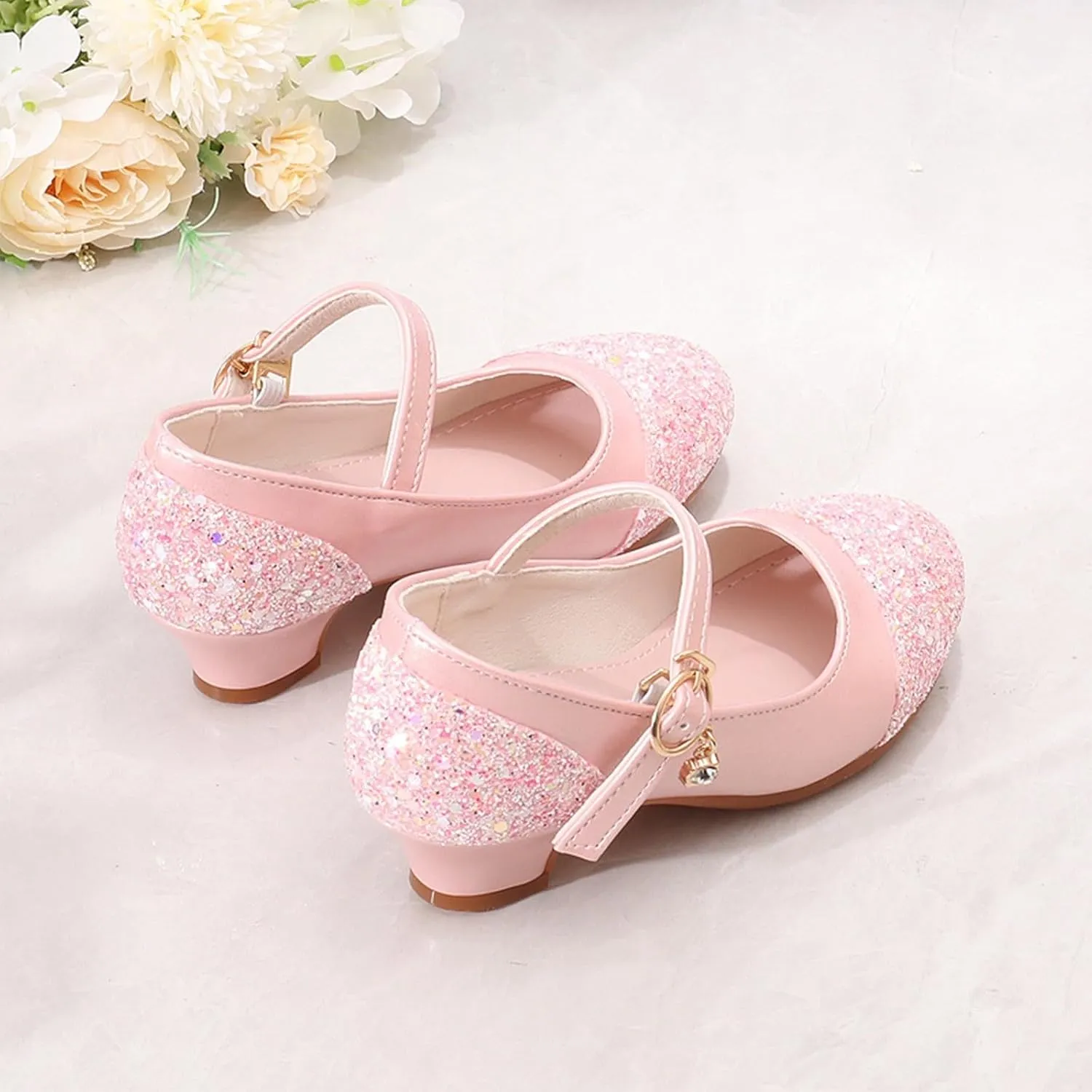 Girls Flat Sandals with Adjustable Ankle Strap Shoes Leather Shoes And Crystal Little Girl Performance Single Dress for Little Kid