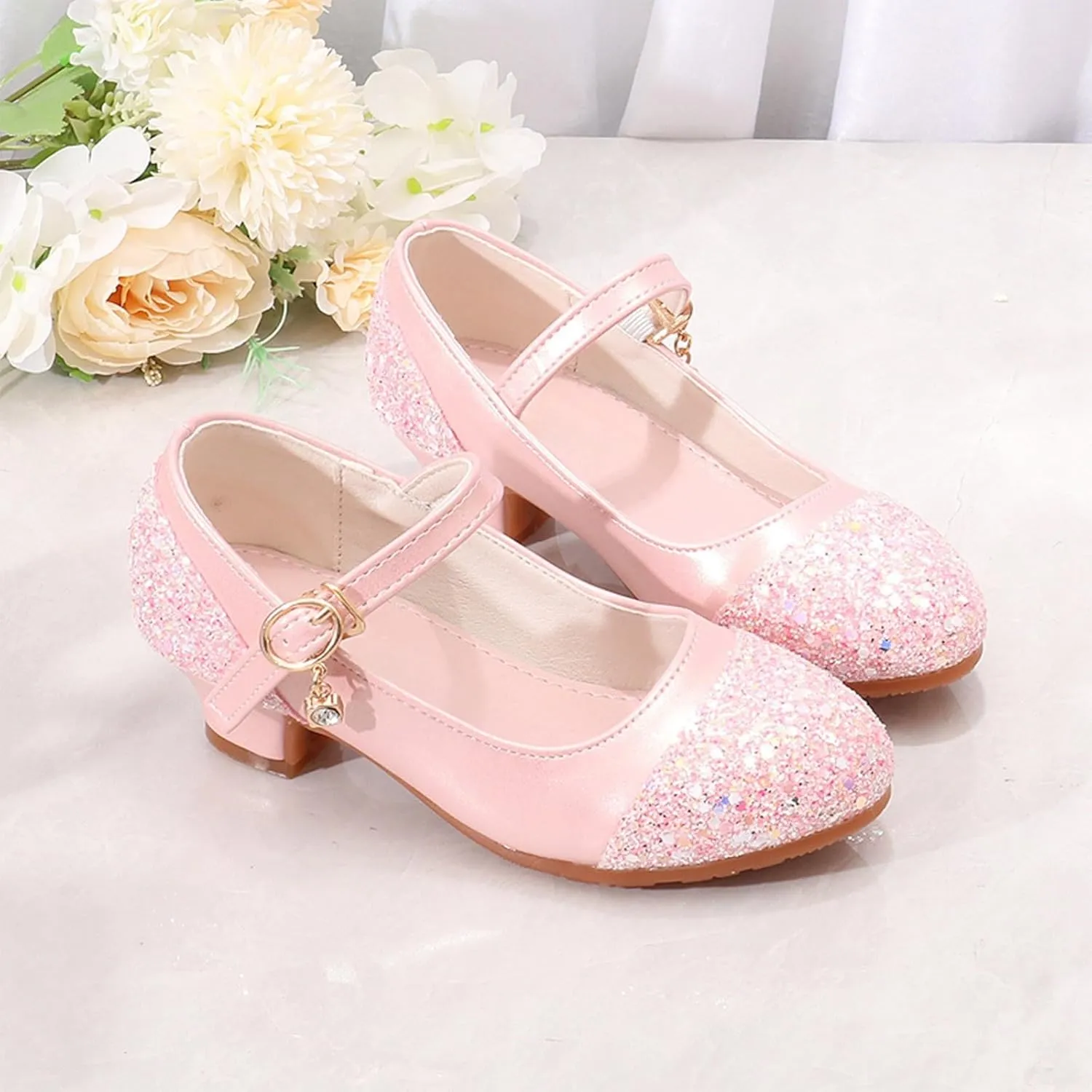 Girls Flat Sandals with Adjustable Ankle Strap Shoes Leather Shoes And Crystal Little Girl Performance Single Dress for Little Kid