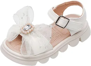 Girl's Flower Flat Sandals Cute Summer Shoes Open Toe Ankle Strap Bowknot Dress Sandals for Kids (Little Kid/Big Kid) (Beige, 3 Big Kids)