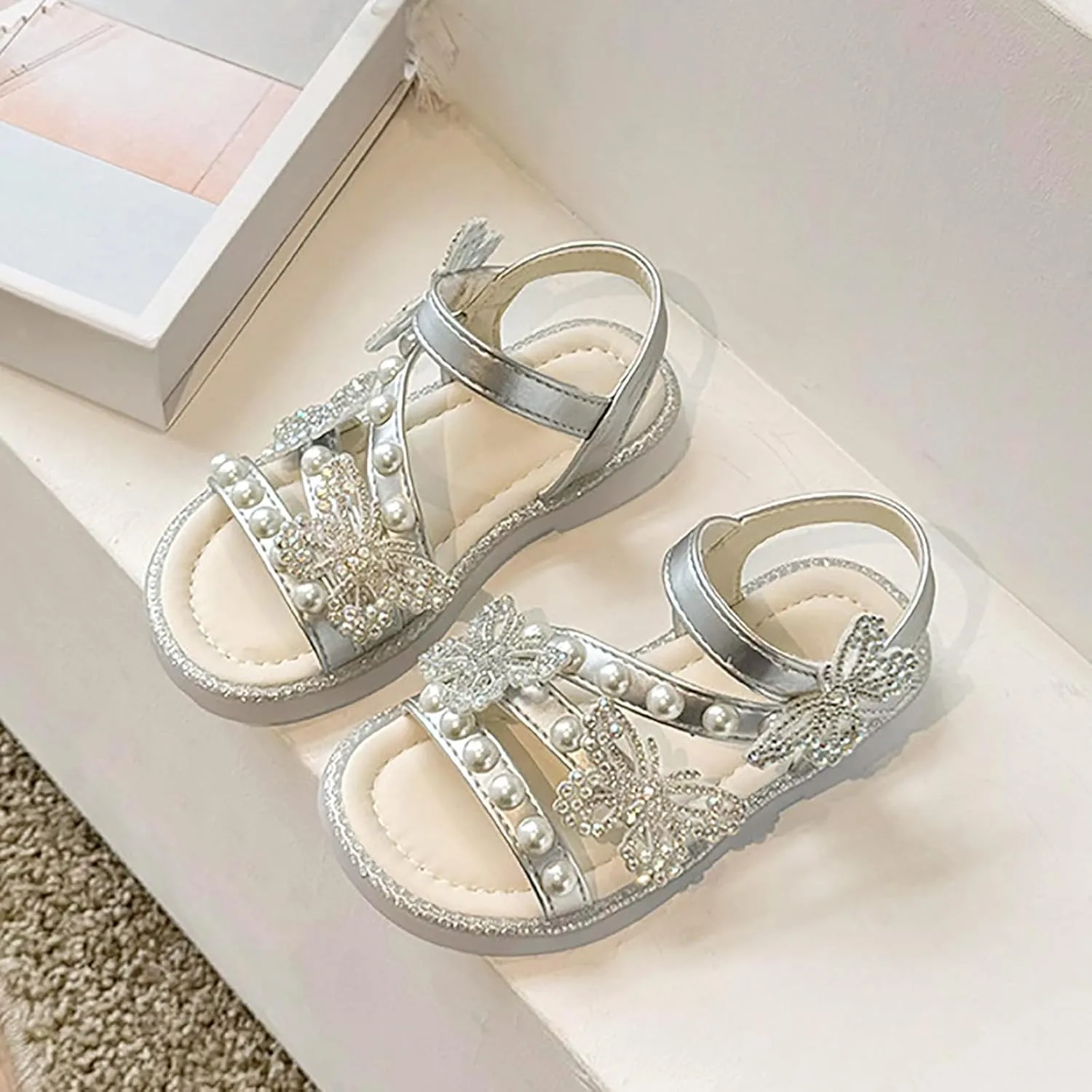 Girls Glitter Sandals Open Toe Cute Bow Princess Girls Flat Shoes Sparkly Summer Dress Shoes Sandals