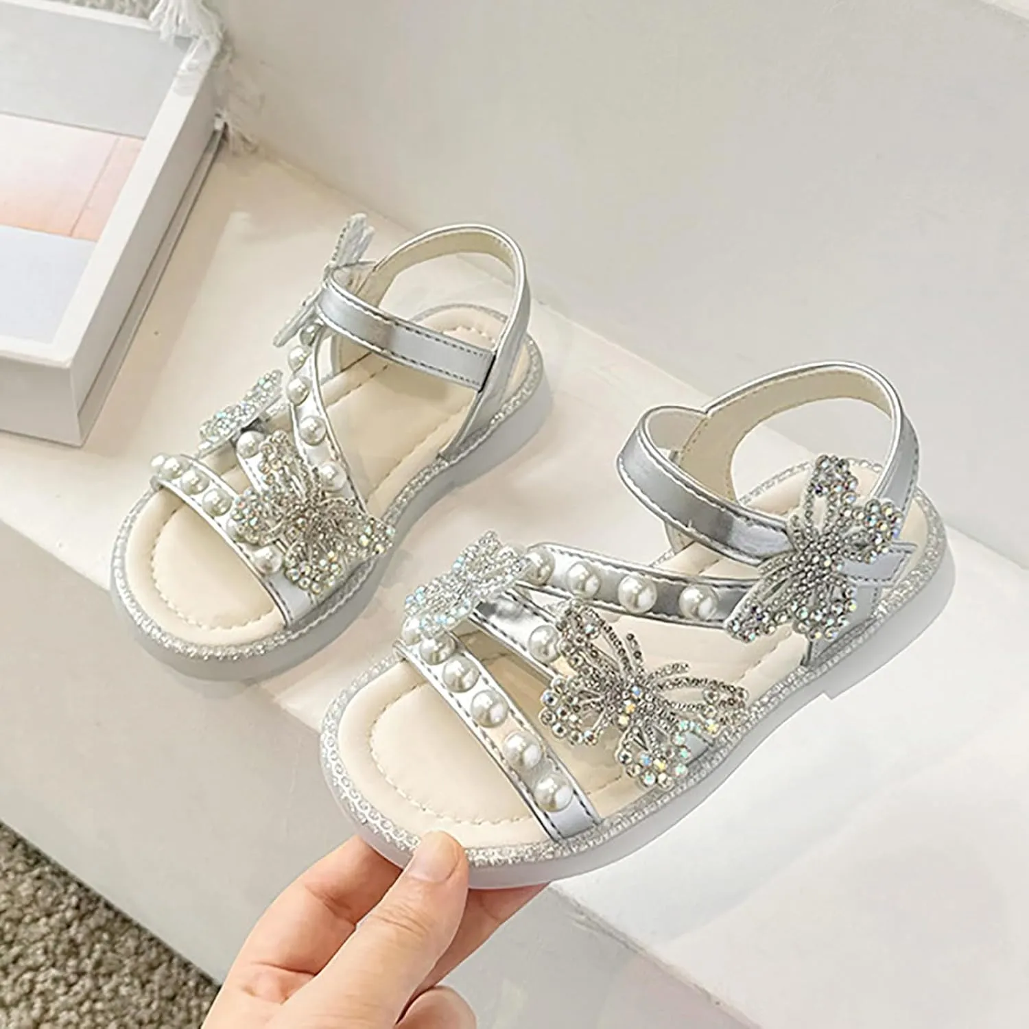 Girls Glitter Sandals Open Toe Cute Bow Princess Girls Flat Shoes Sparkly Summer Dress Shoes Sandals