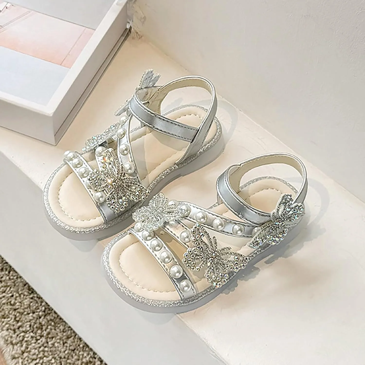 Girls Glitter Sandals Open Toe Cute Bow Princess Girls Flat Shoes Sparkly Summer Dress Shoes Sandals