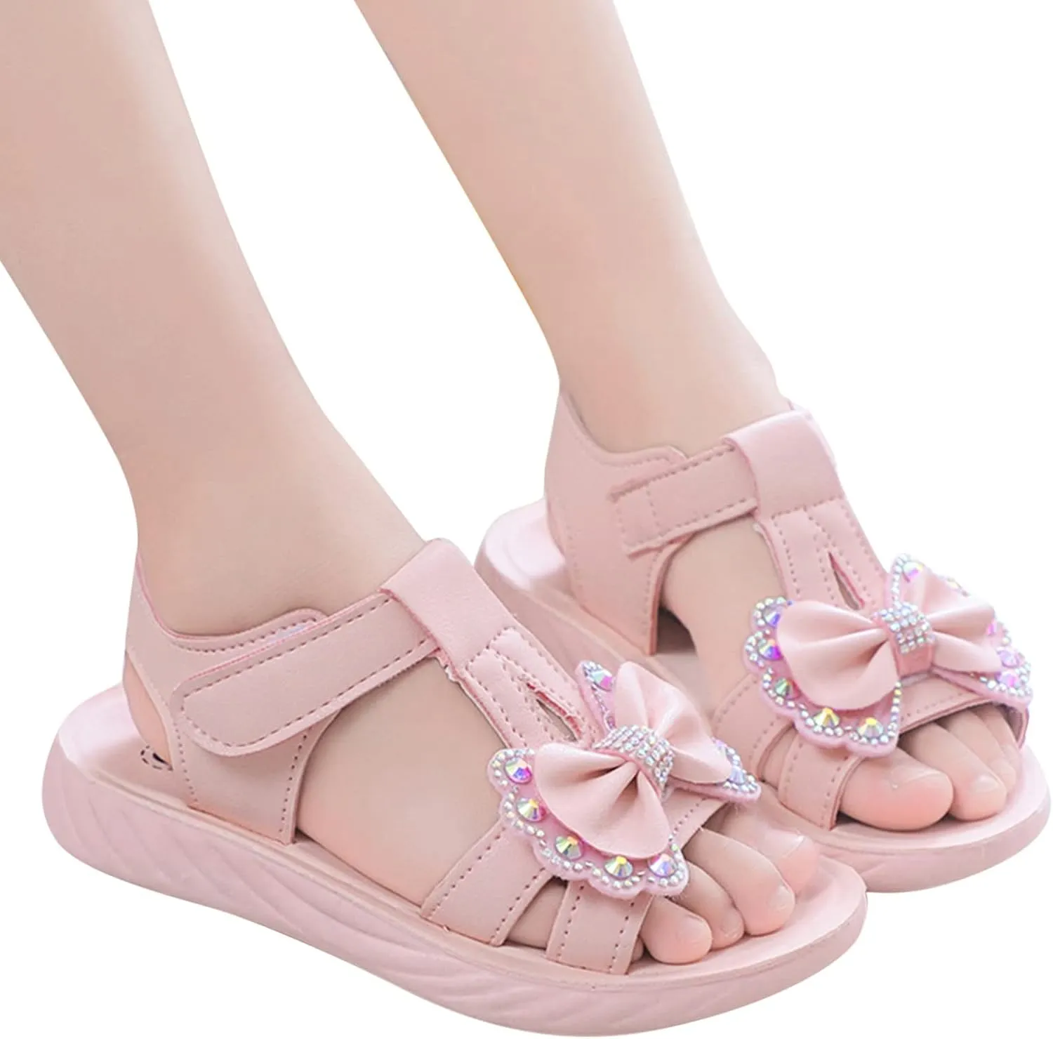 Girls Kids Bow Sandals Sequins Pearl Foam Sole Slip On Wide Shoes Open Toe Summer Casual Soft Fashion Comfy Loafers