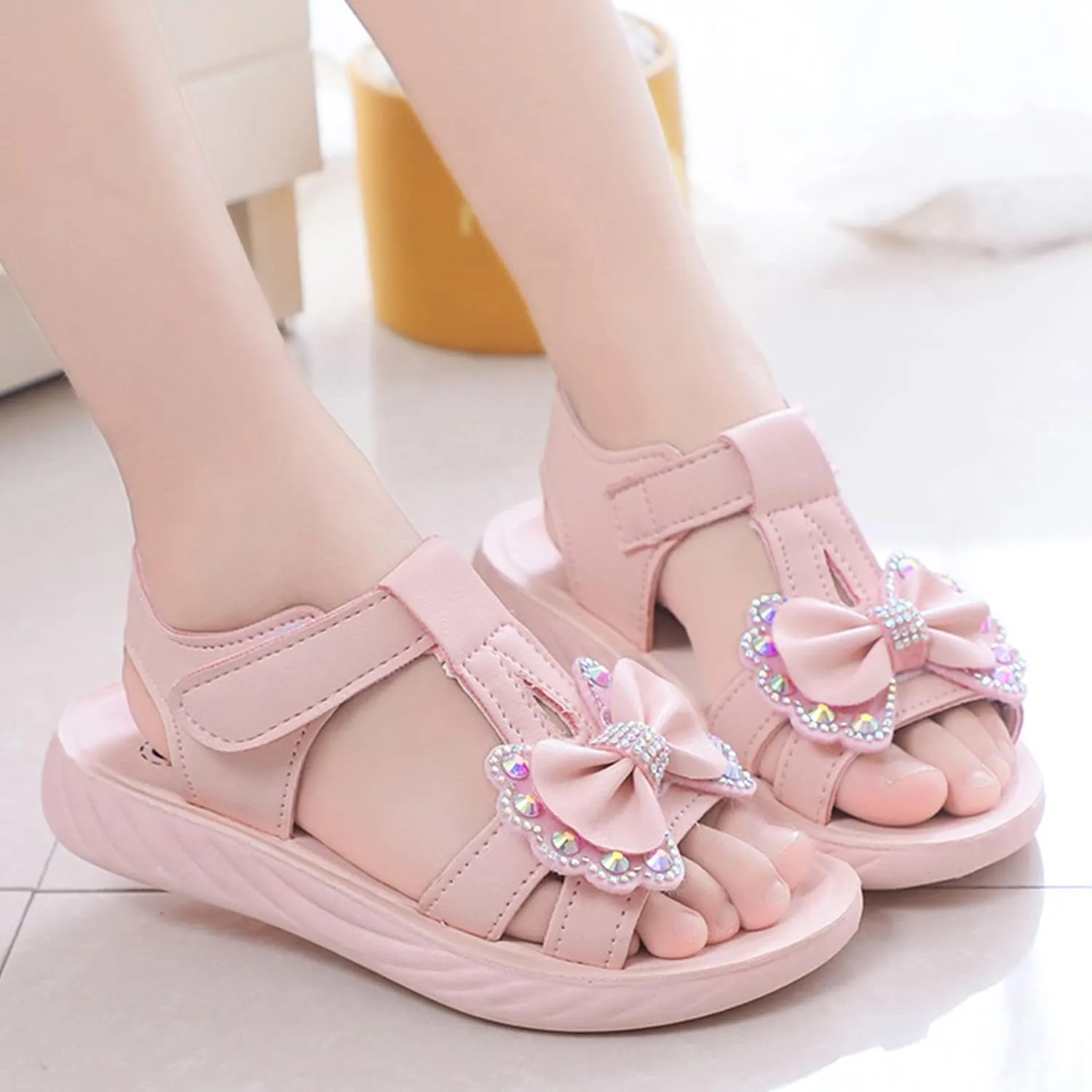 Girls Kids Bow Sandals Sequins Pearl Foam Sole Slip On Wide Shoes Open Toe Summer Casual Soft Fashion Comfy Loafers
