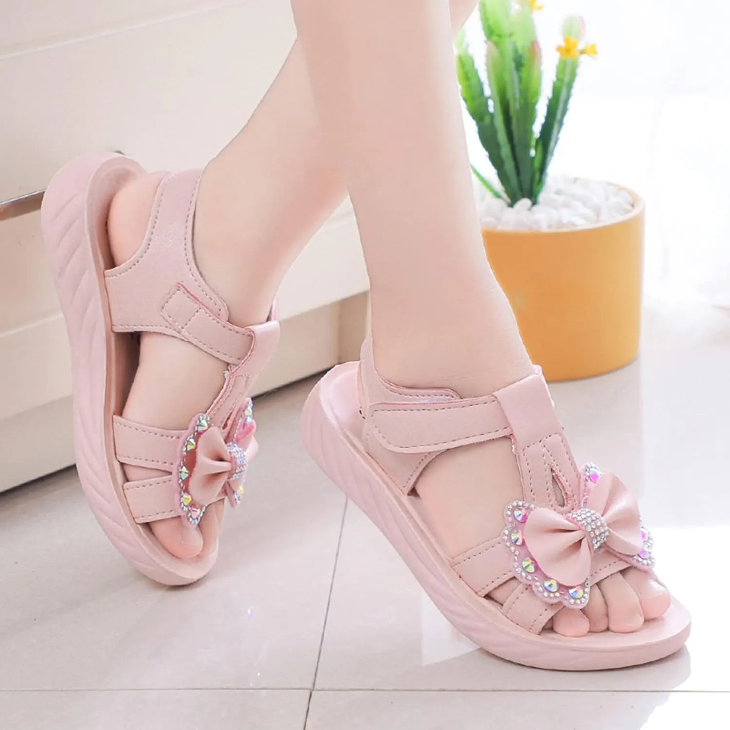 Girls Kids Bow Sandals Sequins Pearl Foam Sole Slip On Wide Shoes Open Toe Summer Casual Soft Fashion Comfy Loafers