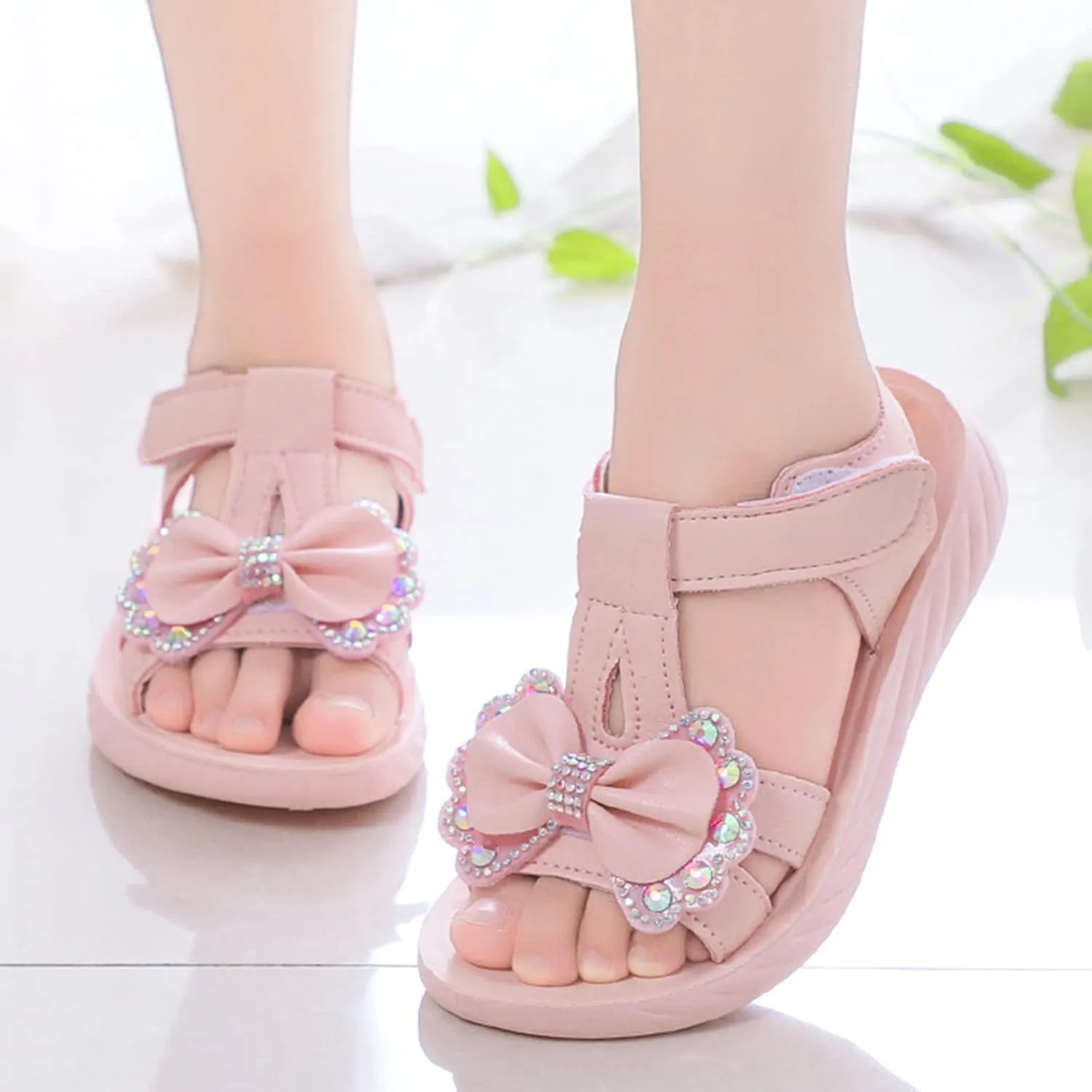 Girls Kids Bow Sandals Sequins Pearl Foam Sole Slip On Wide Shoes Open Toe Summer Casual Soft Fashion Comfy Loafers
