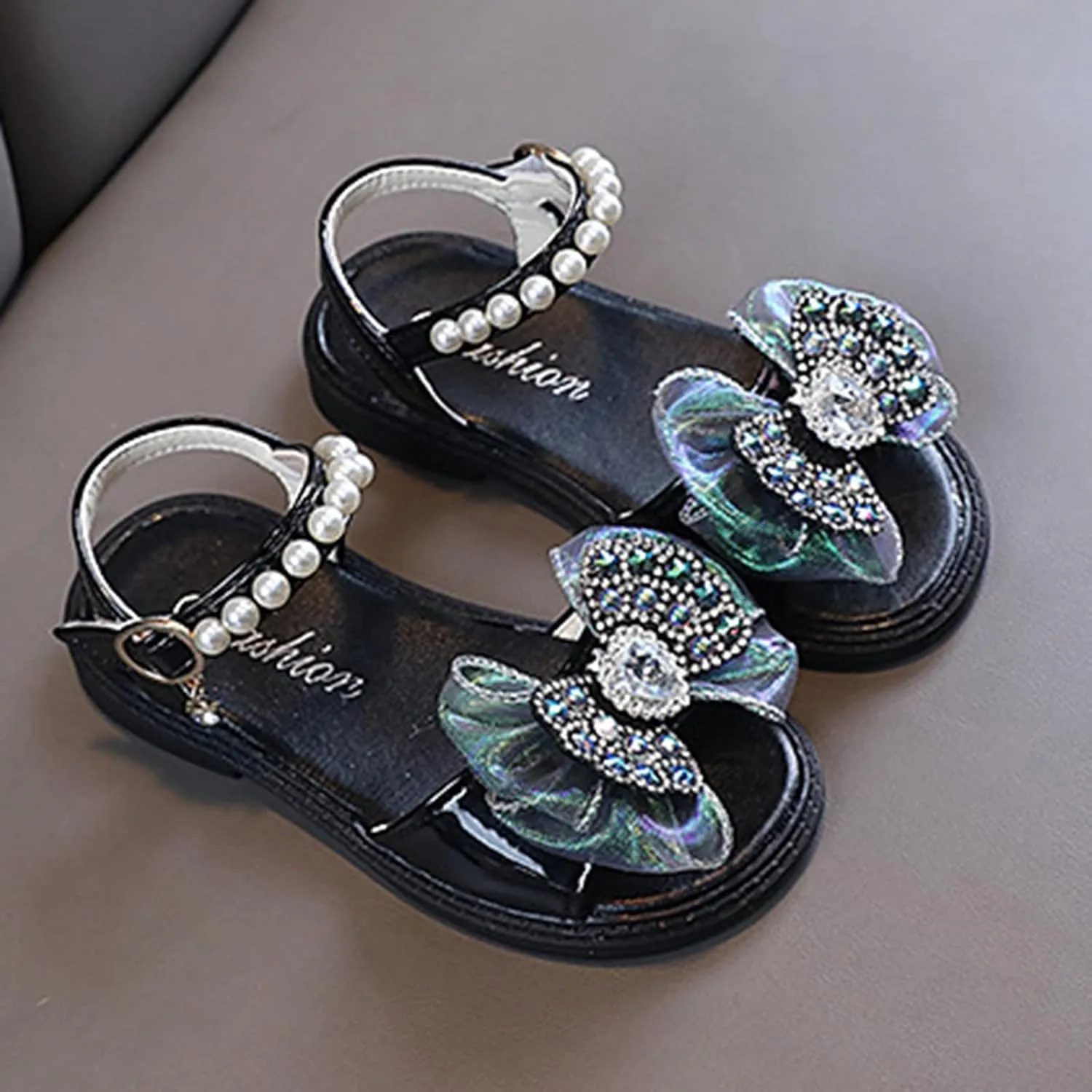 Girls Kids Dress Sandals Bow Beaded Buckle Adjusted Hook Loop Shoes Baby Girl Dance Barefoot Rubber Shoes Fashion Cute