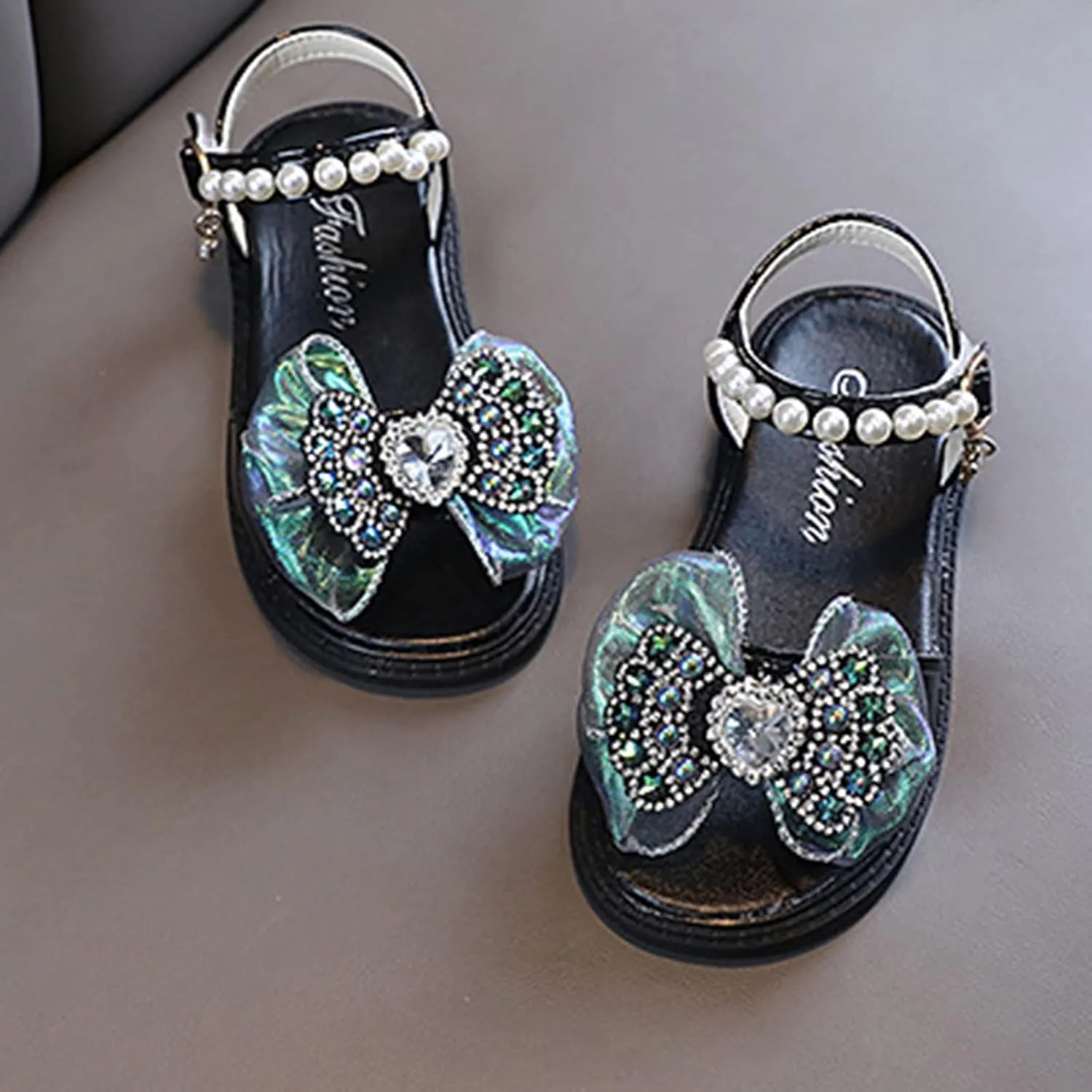 Girls Kids Dress Sandals Bow Beaded Buckle Adjusted Hook Loop Shoes Baby Girl Dance Barefoot Rubber Shoes Fashion Cute