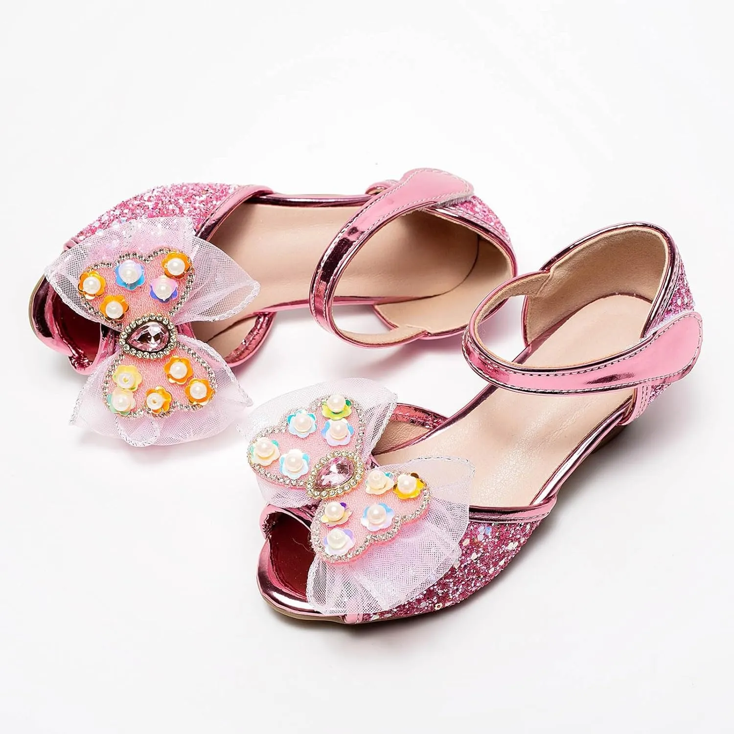 Girls Sandals Open Toe Bowknot Princess Shoes For Little Girls Performance Sequined Dress High Heels Children's Fish Mouth Hollow Sandals