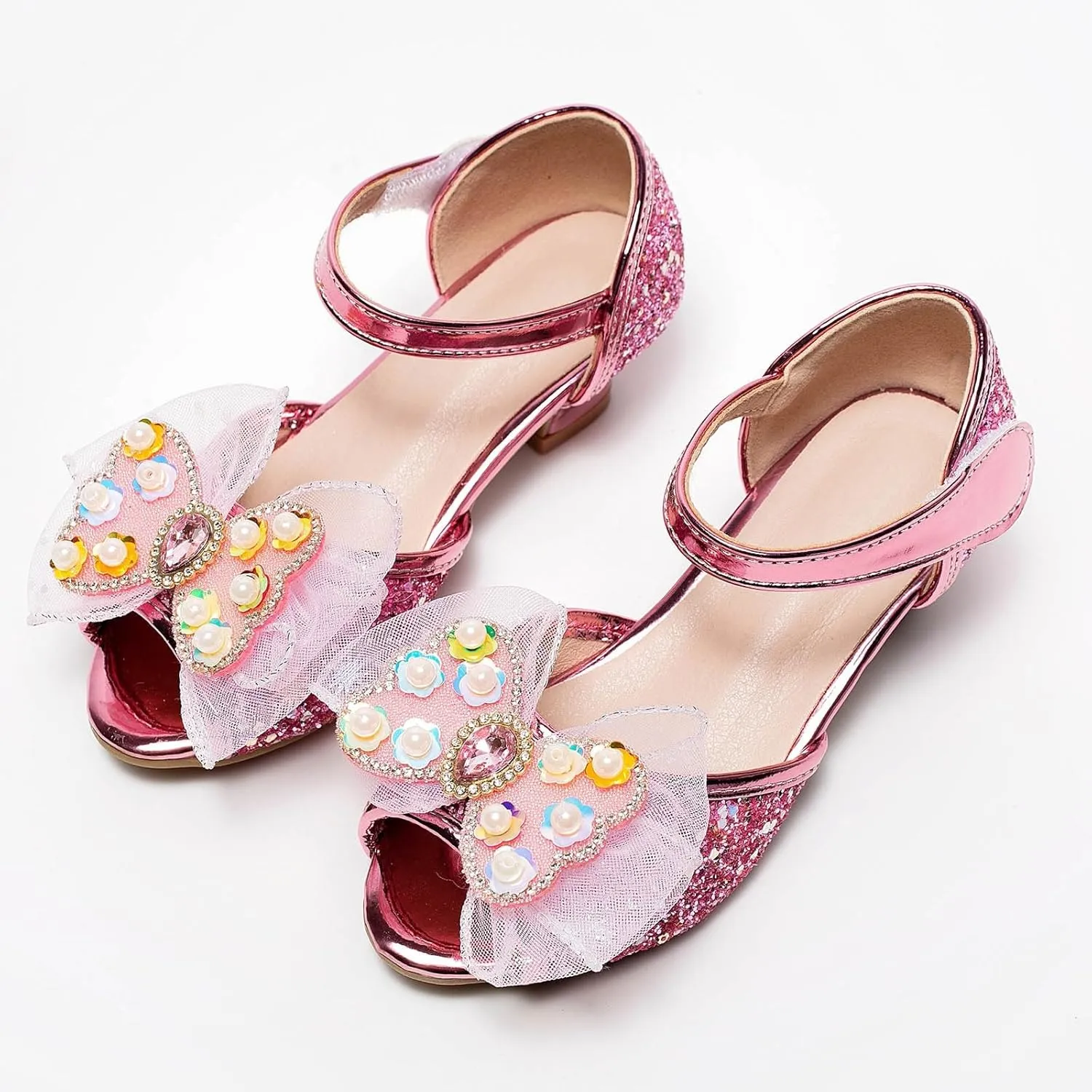 Girls Sandals Open Toe Bowknot Princess Shoes For Little Girls Performance Sequined Dress High Heels Children's Fish Mouth Hollow Sandals