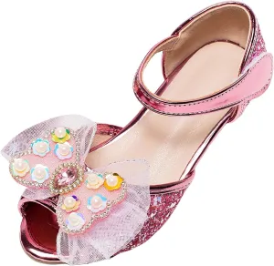 Girls Sandals Open Toe Bowknot Princess Shoes For Little Girls Performance Sequined Dress High Heels Children's Fish Mouth Hollow Sandals