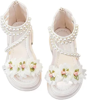 Girls' Sandals Summer Flowers Pricness Pearl Dress Shoes Open Toe Ankle Strap Lightweight Beach Sandals For Toddler (White, 1.5 Big Kids)