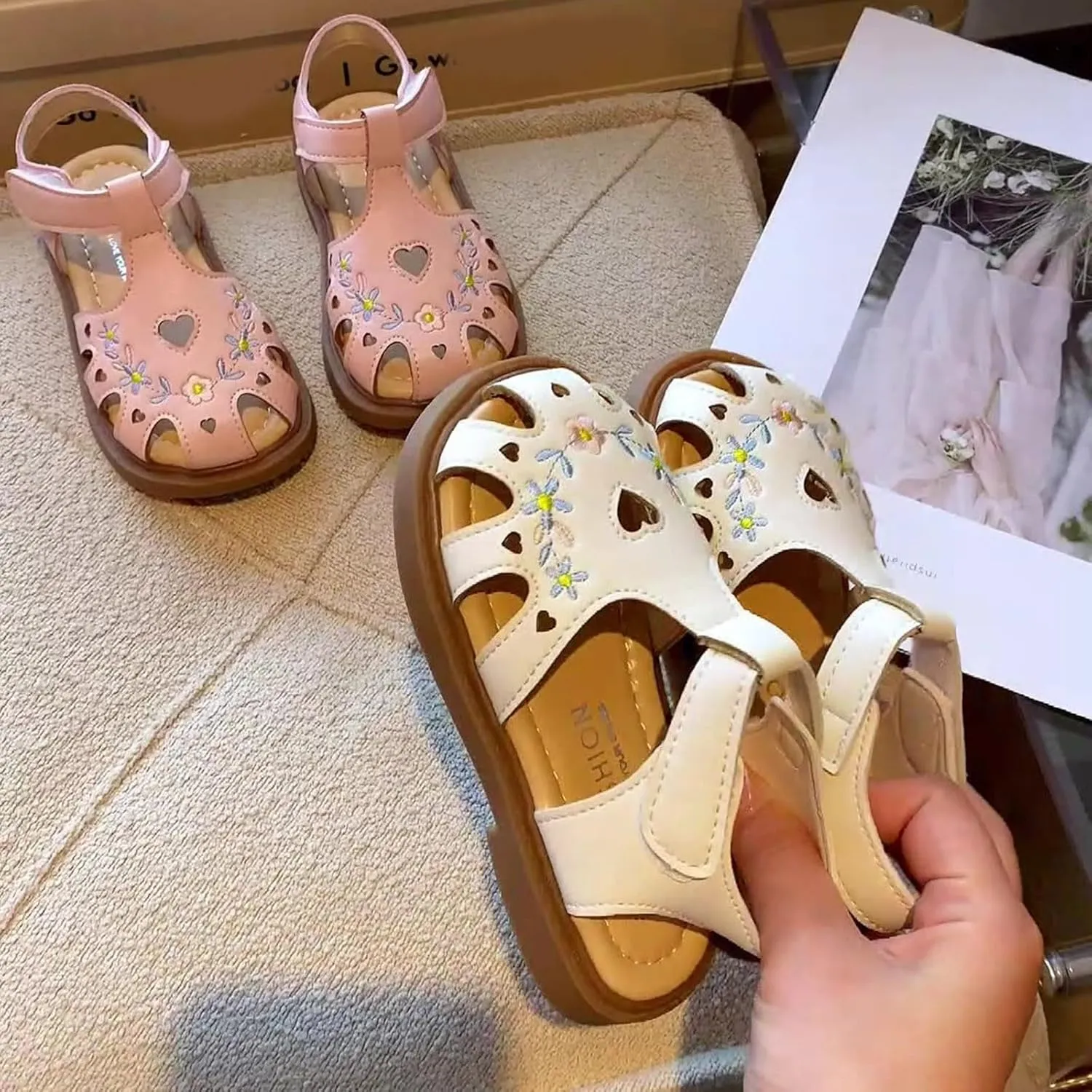 Girls Sandals Summer New Embroidered Baotou Soft Bottom Chinese Sandals White for Toddler Sandles for Girls