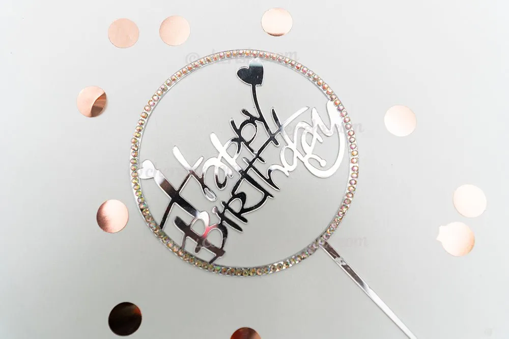 Happy Birthday Silver Round Cursive Cake Toppers